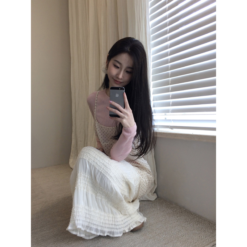 レース ワンピース ドット柄キャミソールレイヤードワンピース