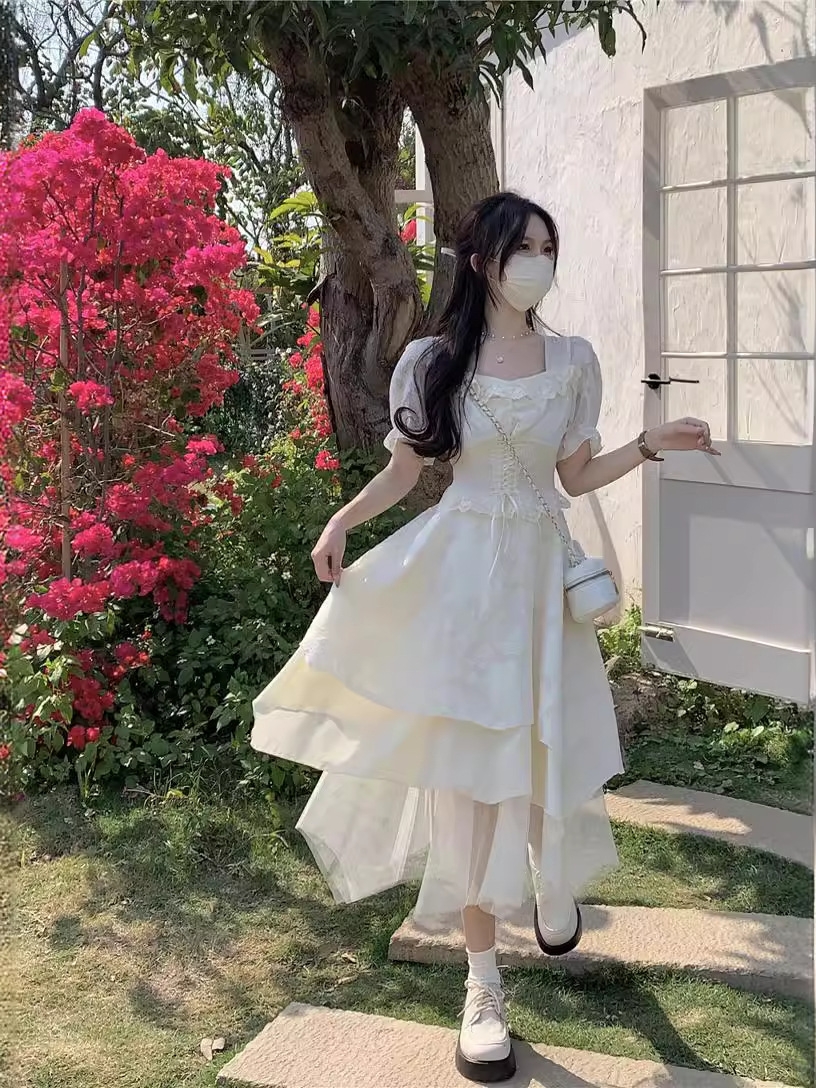 レース ワンピース 優美な重ね裾レース ワンピース ロング