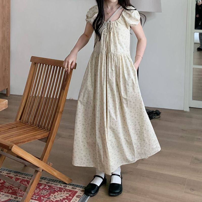 レース ワンピース 小花柄パフスリーブロングワンピース