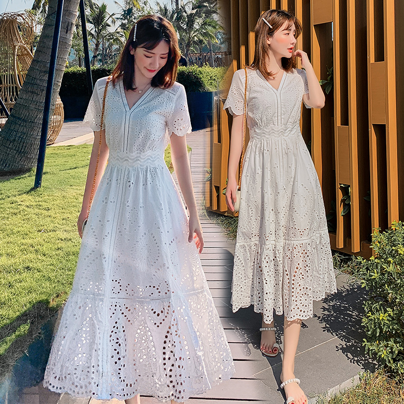 レース ワンピース 花柄レース Vネック ロングワンピース 夏用フレアドレス