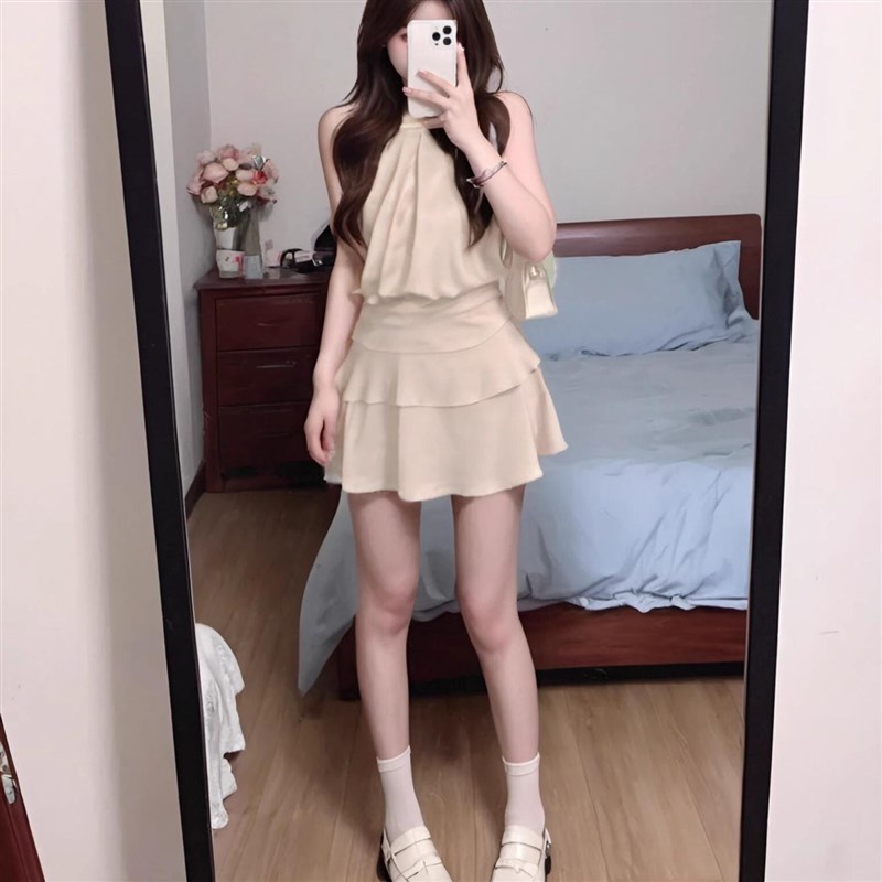 レース ワンピース 優美なホルターネック二段フリルワンピース