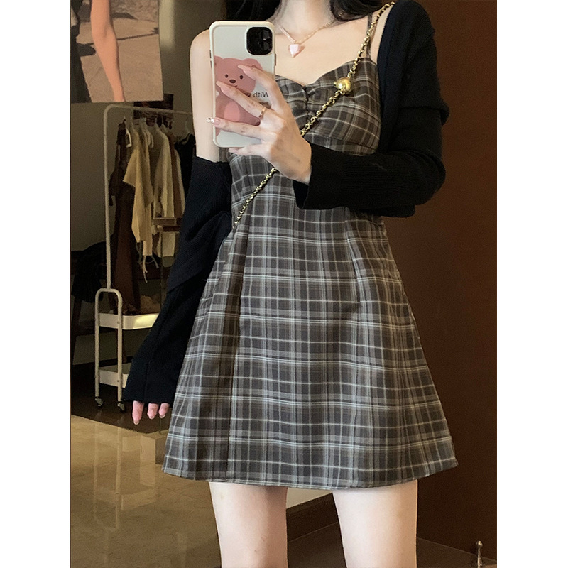 レース ワンピース 格子柄フレアキャミワンピース