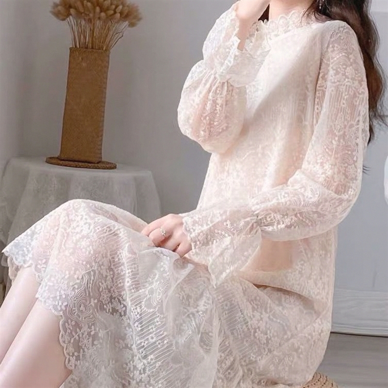 レース ワンピース 優美な花柄レース ロングワンピース