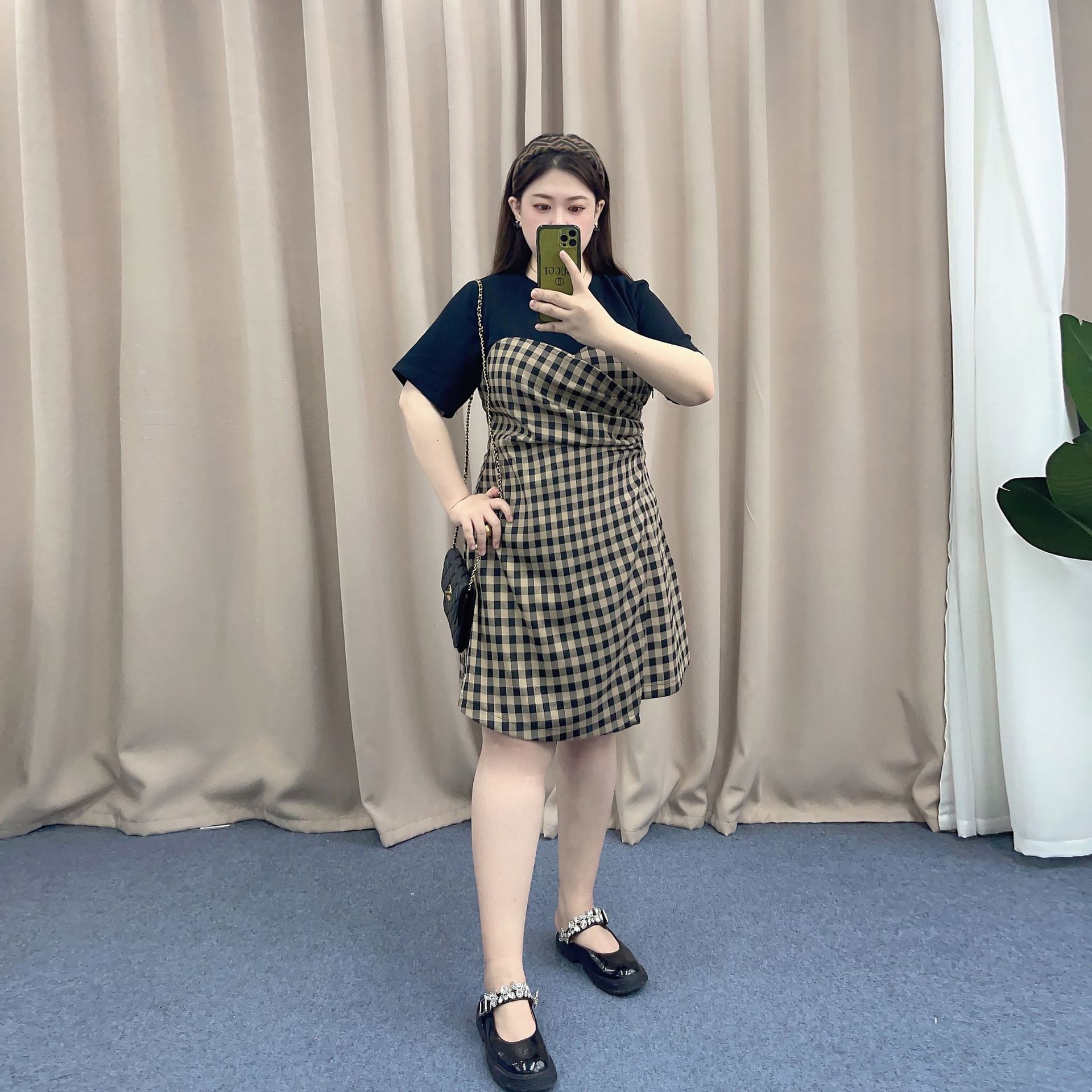 レース ワンピース 格子柄レースワンピース 重ね着風
