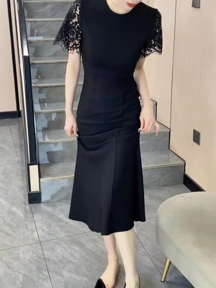 レース ワンピース 花レース袖 上品マーメイドロングワンピース