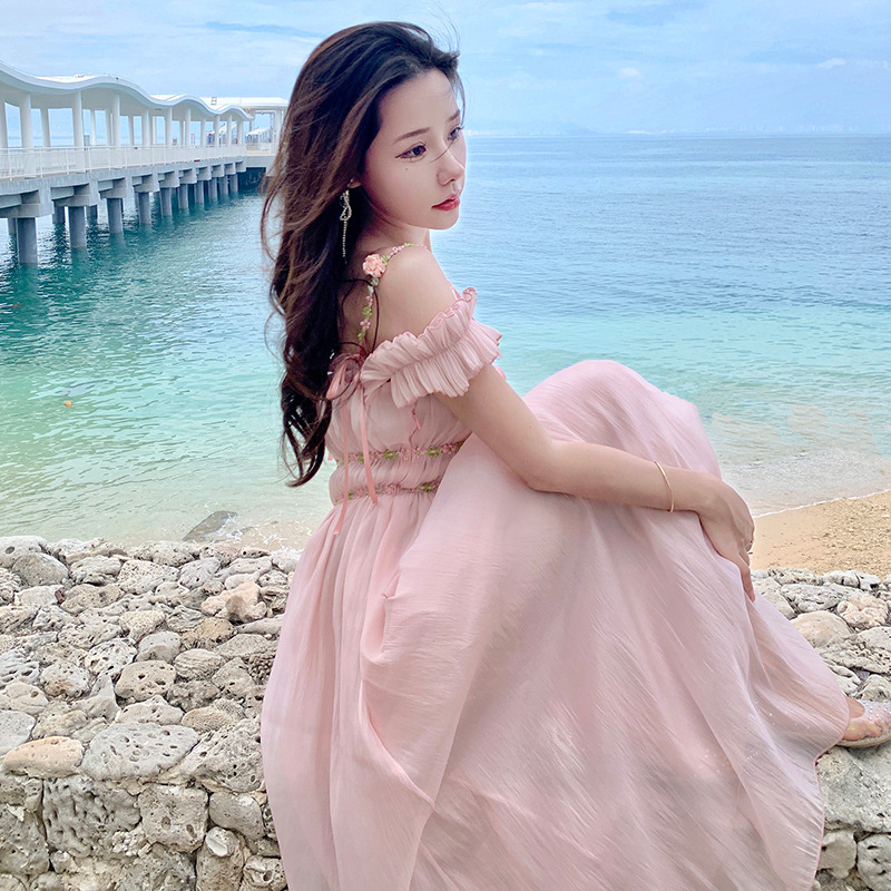 レース ワンピース フリルレース ロングワンピース リゾート向け 肩魅せ 夏服