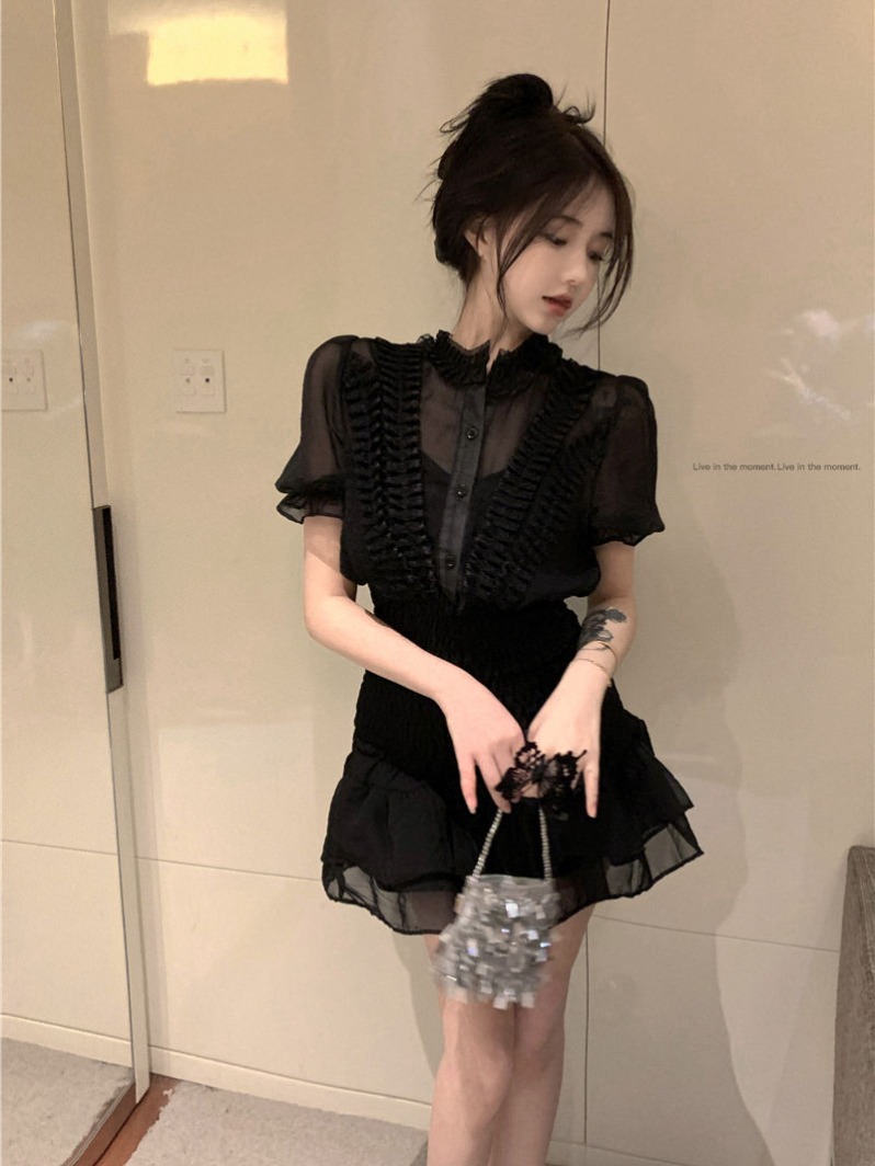 レース ワンピース ひだ飾りシアーレースワンピース