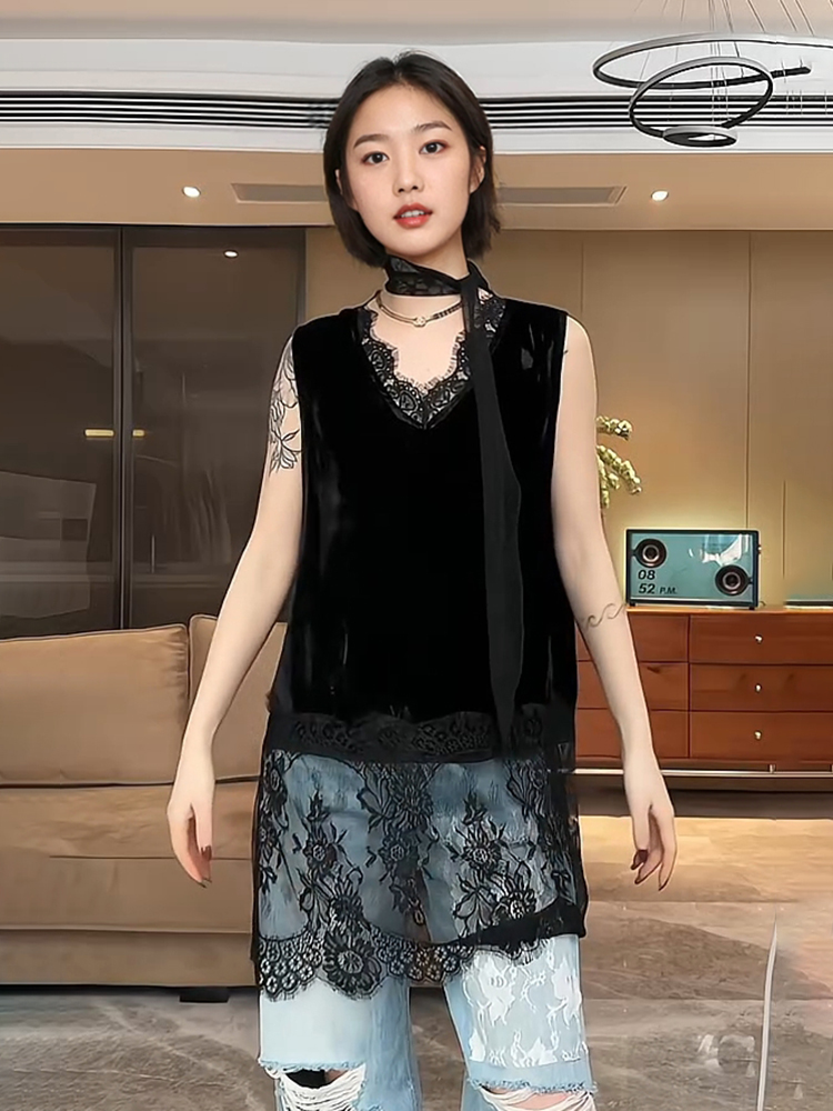 レース ワンピース フレンチスタイル レース切替ノースリーブワンピース