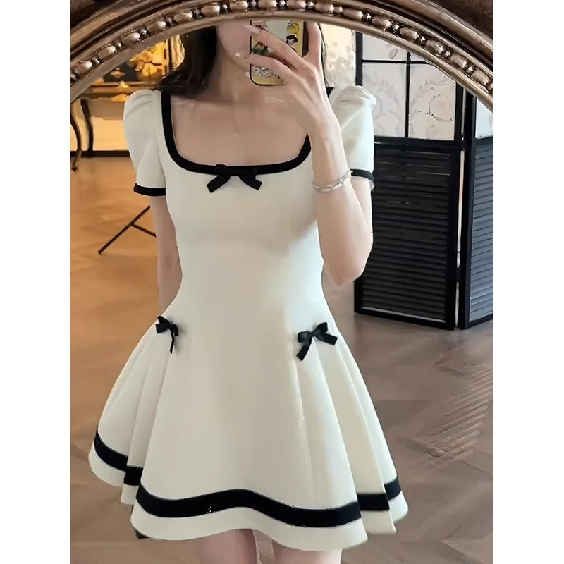 レース ワンピース 優美リボン飾りフレアワンピース