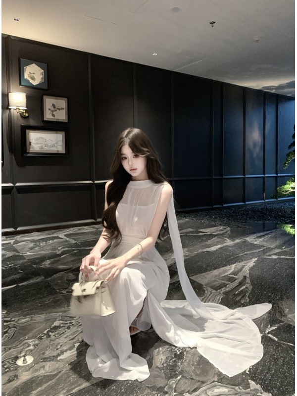 レース ワンピース 優美なシフォンレースロングドレス
