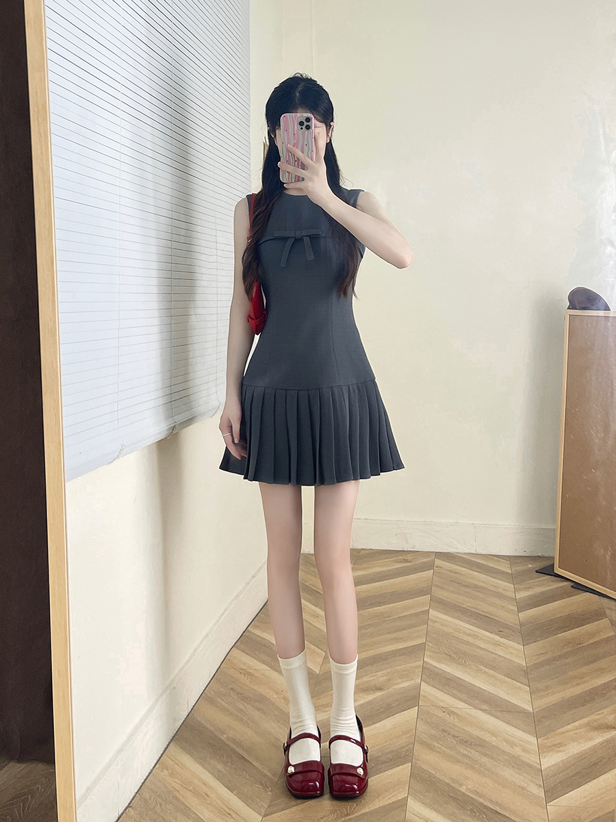 レース ワンピース リボン飾り プリーツ キャミワンピース