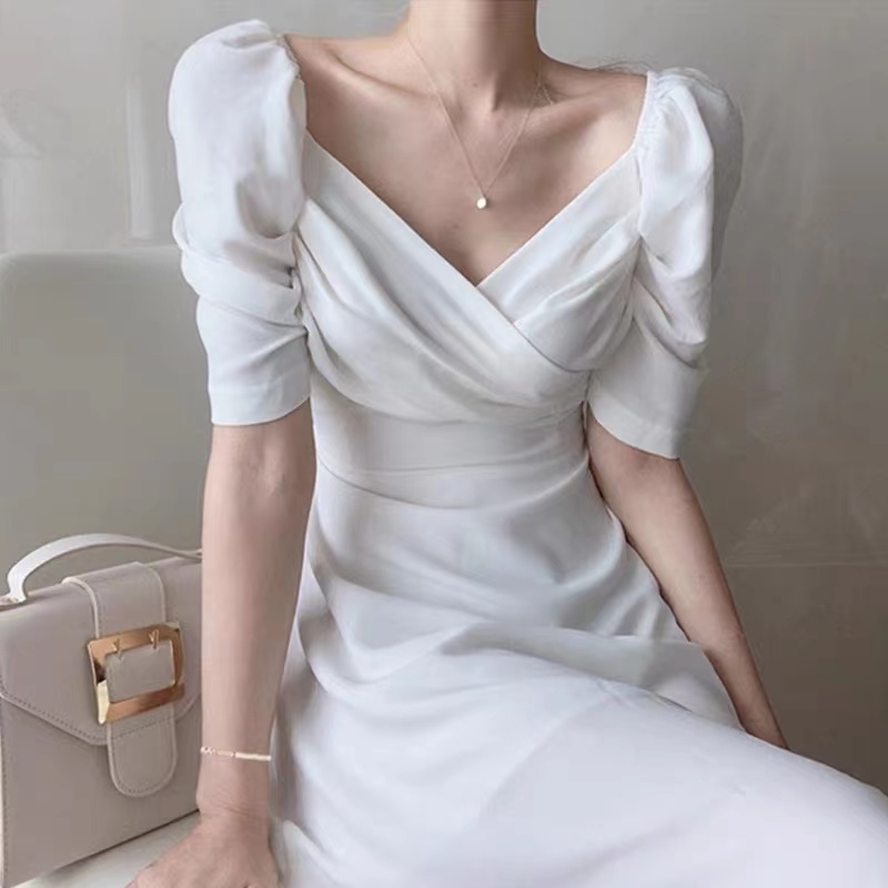 レース ワンピース 胸元優美 パフスリーブ レース ワンピース