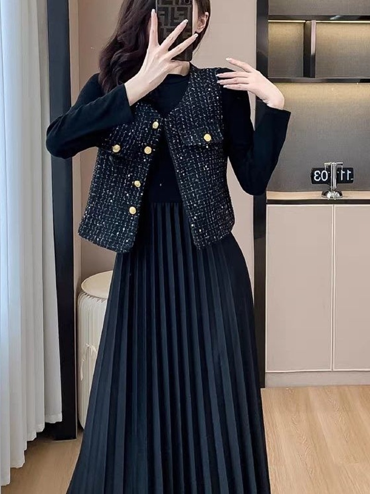 レース ワンピース 優美プリーツ レース ワンピース ベスト重ね