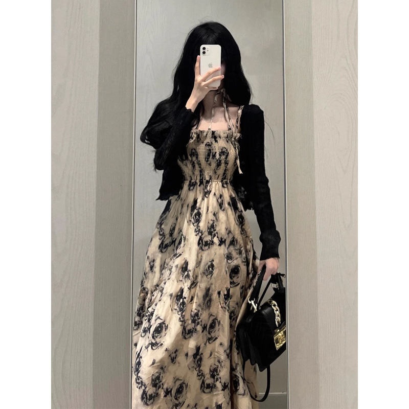 レース ワンピース 花柄シャーリングキャミロングワンピース