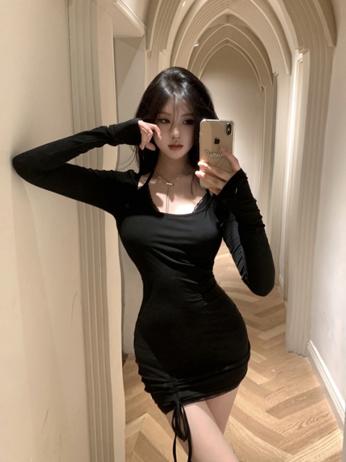 レース ワンピース 優美シルエット 裾リボン長袖ワンピース