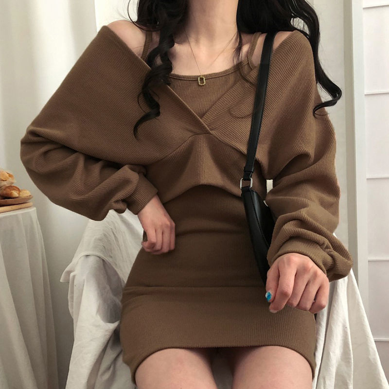 レース ワンピース 優美なドレープ ニットタイトワンピース