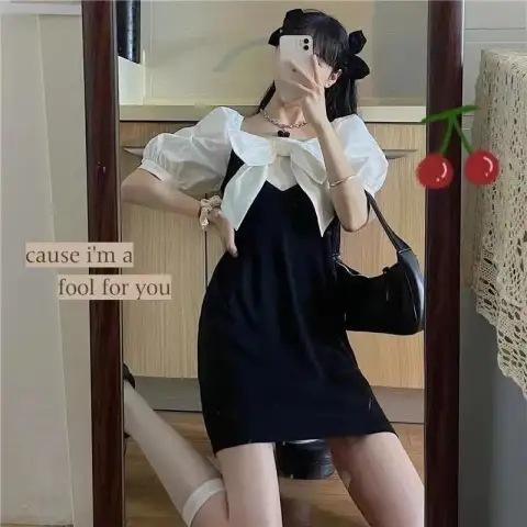 レース ワンピース 胸元リボン付きパフスリーブワンピース