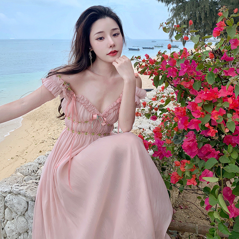 レース ワンピース フリルレース ロングワンピース リゾート向け 肩魅せ 夏服
