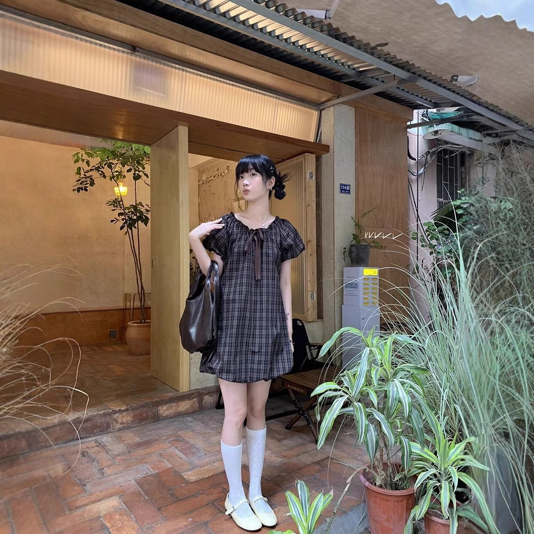 レース ワンピース 格子柄フリル袖ミニレースワンピース