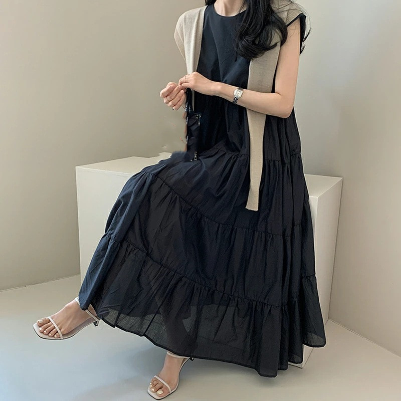 レース ワンピース ティアードロングワンピース マキシ丈 ノースリーブ