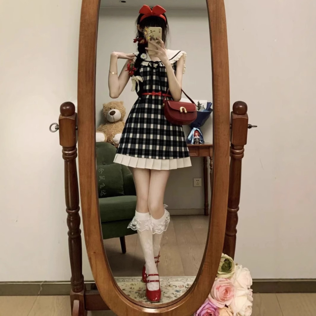 レース ワンピース 格子柄プリーツ裾 レース襟ワンピース