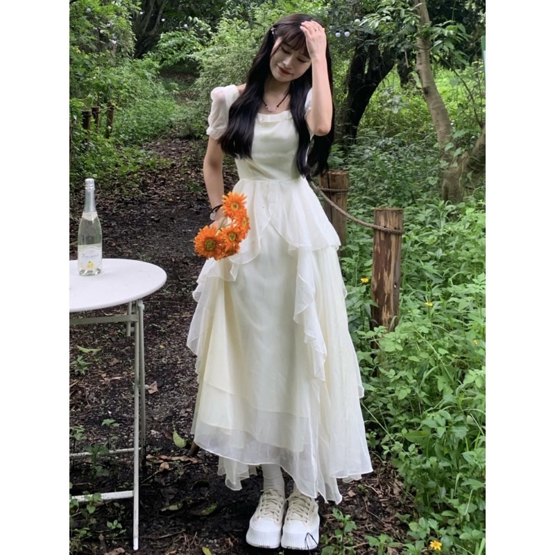 レース ワンピース エアリー シフォン ロングワンピース 春夏 ドレープ 長袖