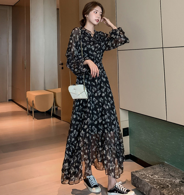 レース ワンピース 花柄シフォン ロングワンピース 長袖 フレア 大きいサイズ