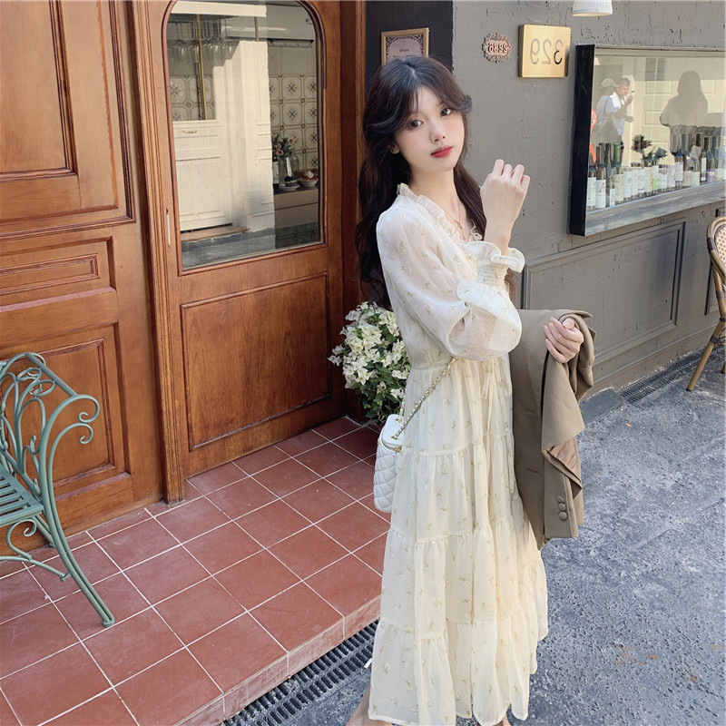 レース ワンピース 小花柄シフォン ロングワンピース フリル襟 フェミニン 透け感 きれいめ