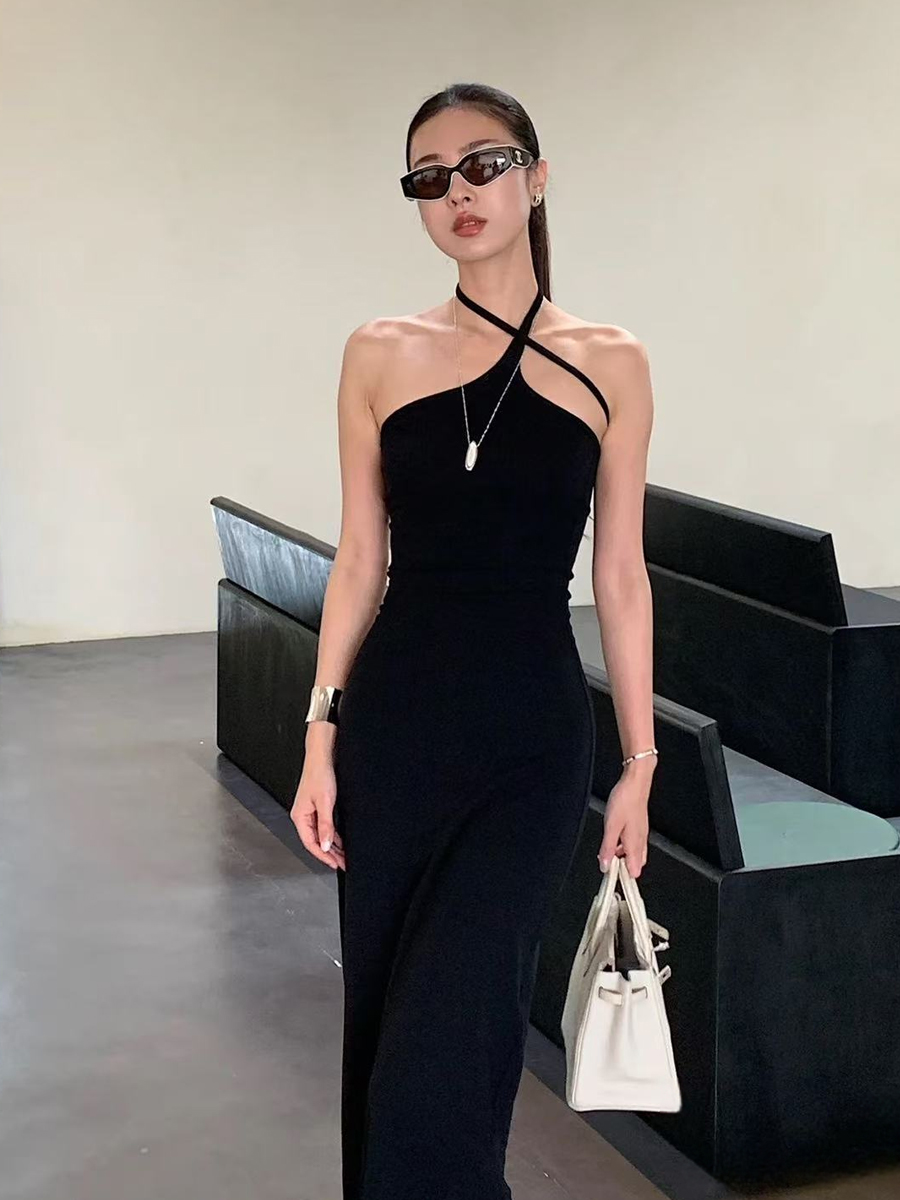 レース ワンピース 上質クロスホルターネック ロングワンピース