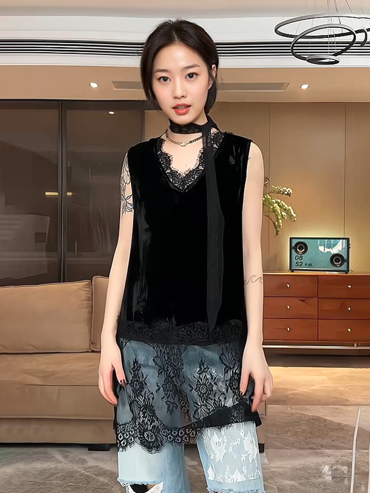レース ワンピース フレンチスタイル レース切替ノースリーブワンピース
