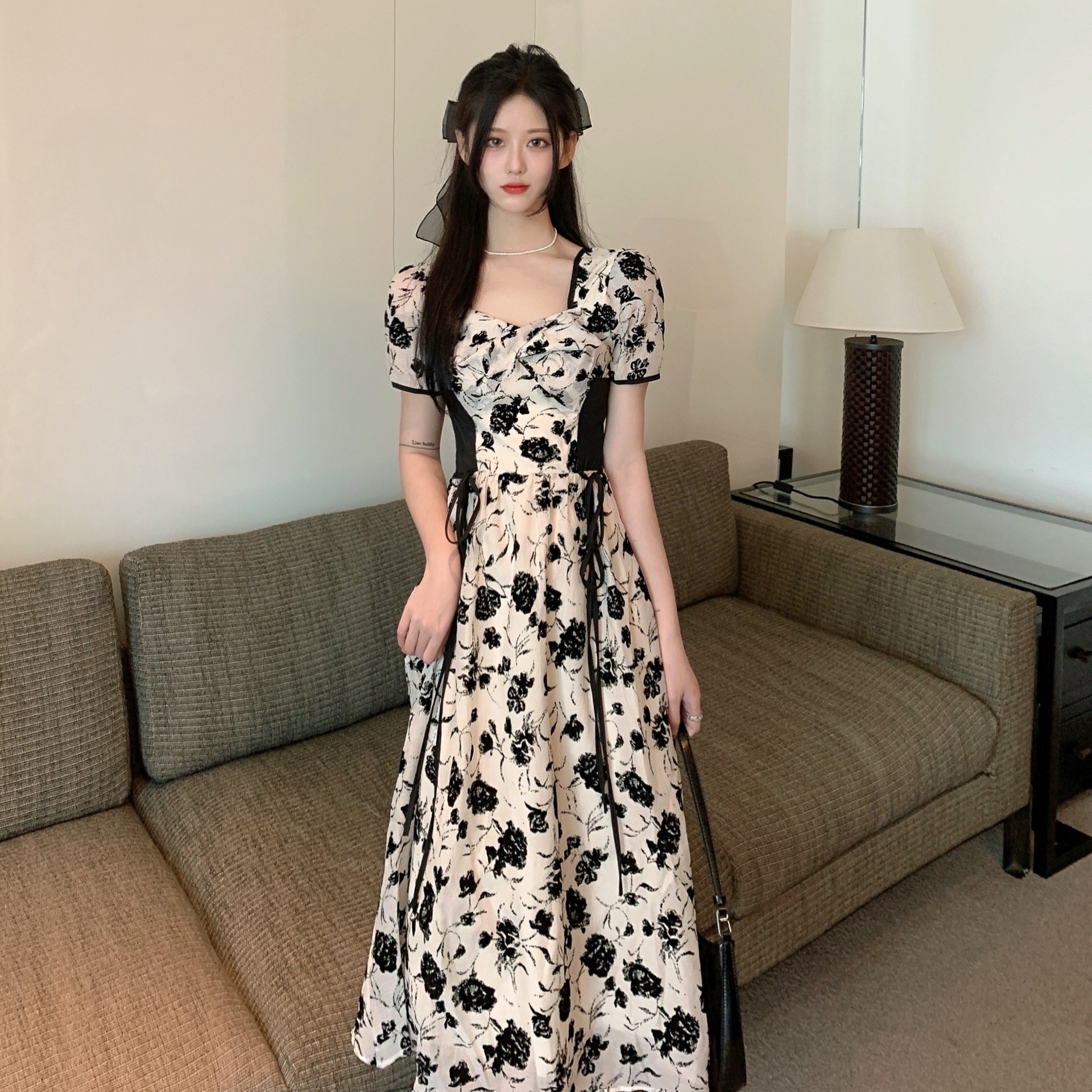レース ワンピース 花柄サイドリボン レース ロングドレス
