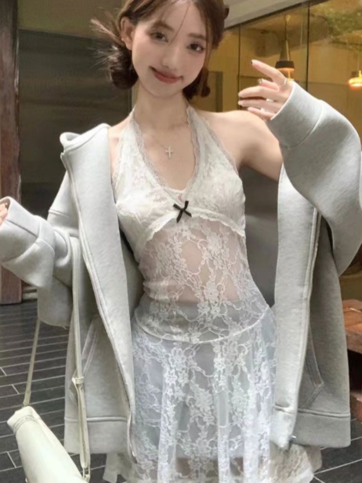 レース ワンピース 花柄レースホルターネックキャミワンピース