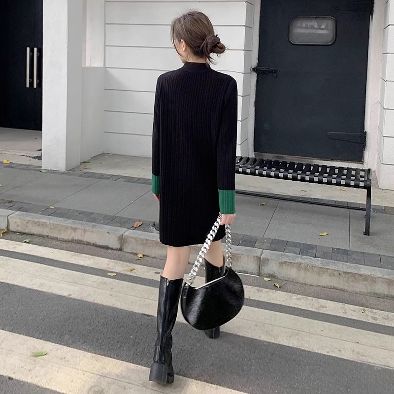 レース ワンピース リブニット ハイネック ワンピース