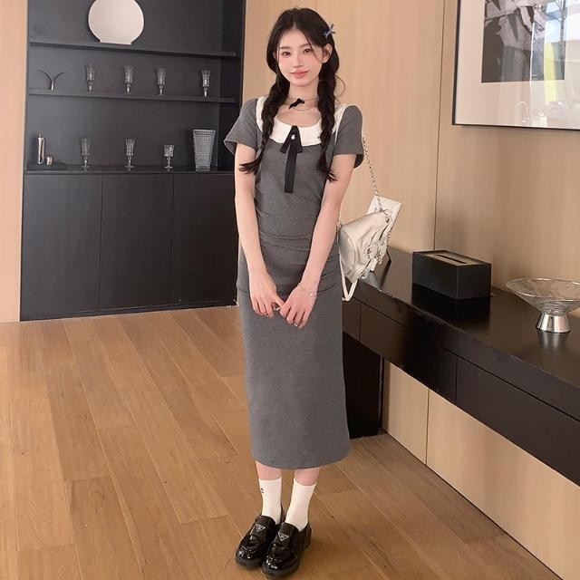 レース ワンピース リボン襟付きレースワンピース
