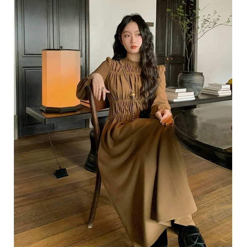 レース ワンピース 優美な装飾ギャザー ロングワンピース