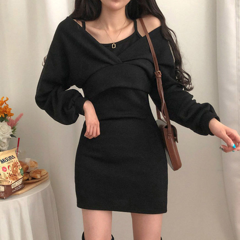 レース ワンピース 優美なドレープ ニットタイトワンピース