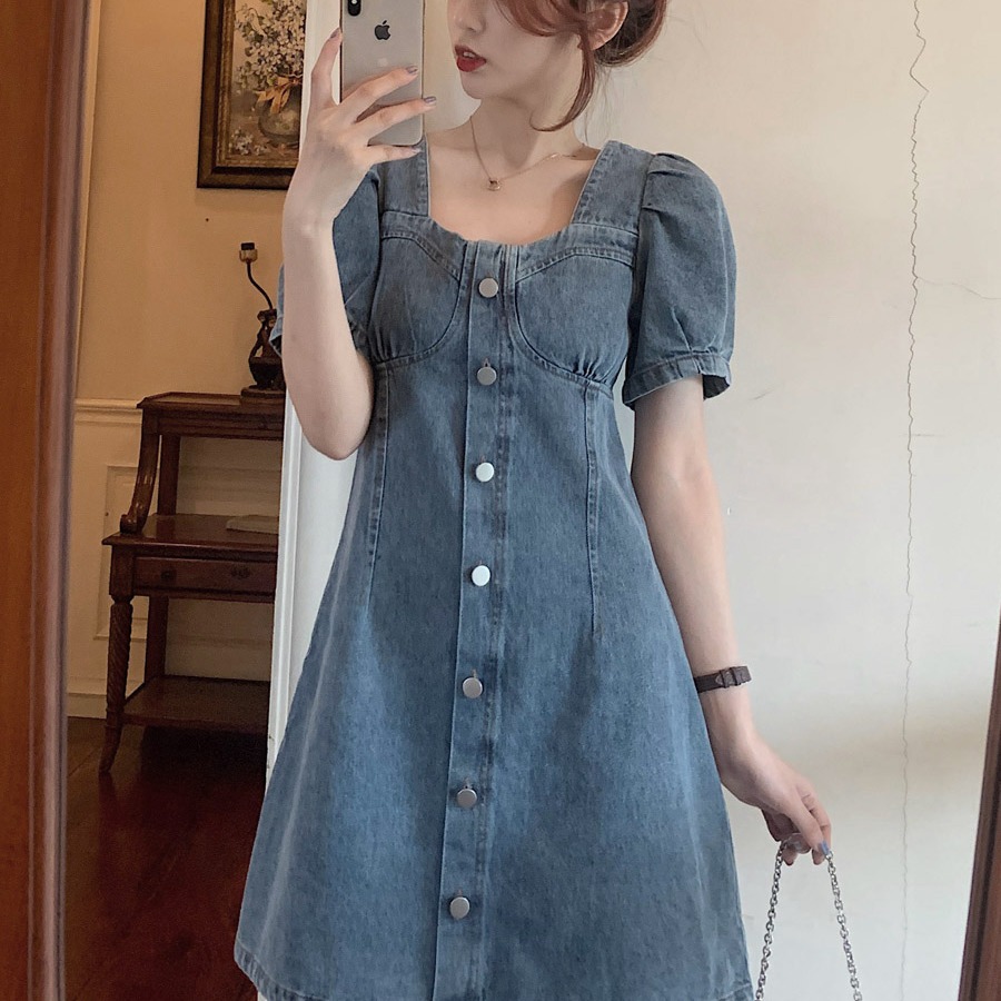 レース ワンピース 乙女心くすぐる袖ぷっくりデニムワンピース