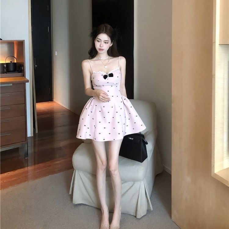レース ワンピース リボン付き小花柄フレアキャミソールワンピース