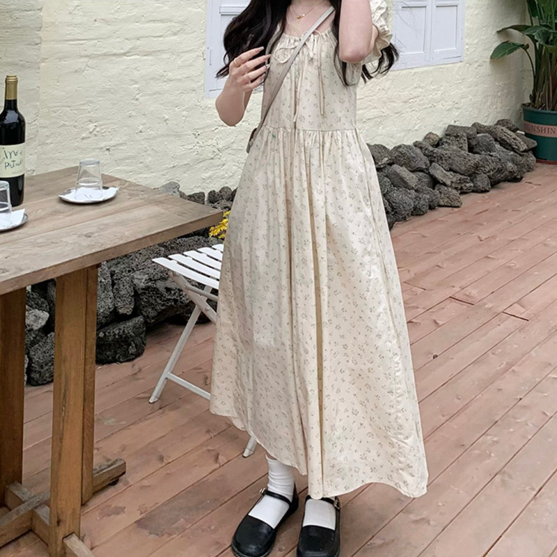 レース ワンピース 小花柄パフスリーブロングワンピース