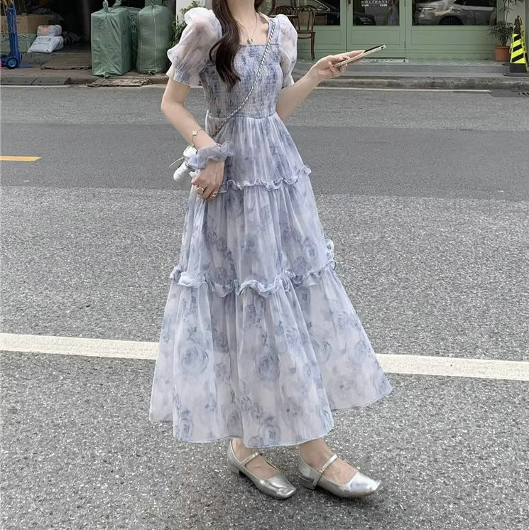 レース ワンピース 夏新作 スクエアネック レース ロングワンピース 大人可愛い ティアードフリル