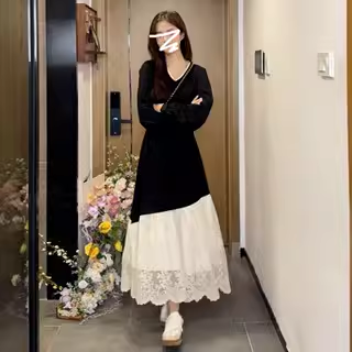 レース ワンピース 裾レース切替ロングワンピース