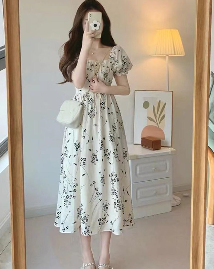 レース ワンピース 花柄シフォン パフスリーブ ロングワンピース