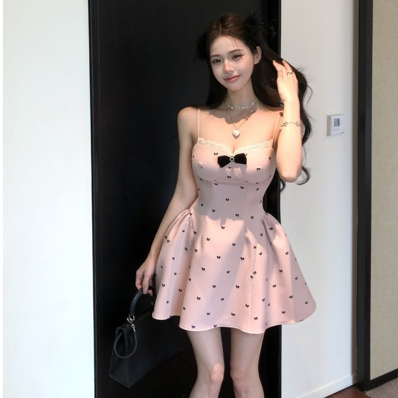 レース ワンピース リボン付き小花柄フレアキャミソールワンピース