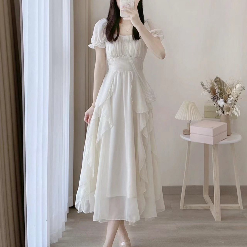 レース ワンピース シフォン重ね パフスリーブ ロングワンピース