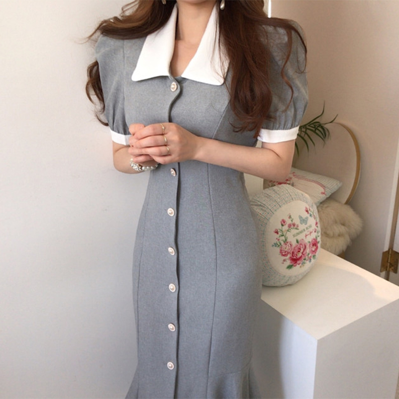 レース ワンピース 清楚襟付き前開きロングワンピース