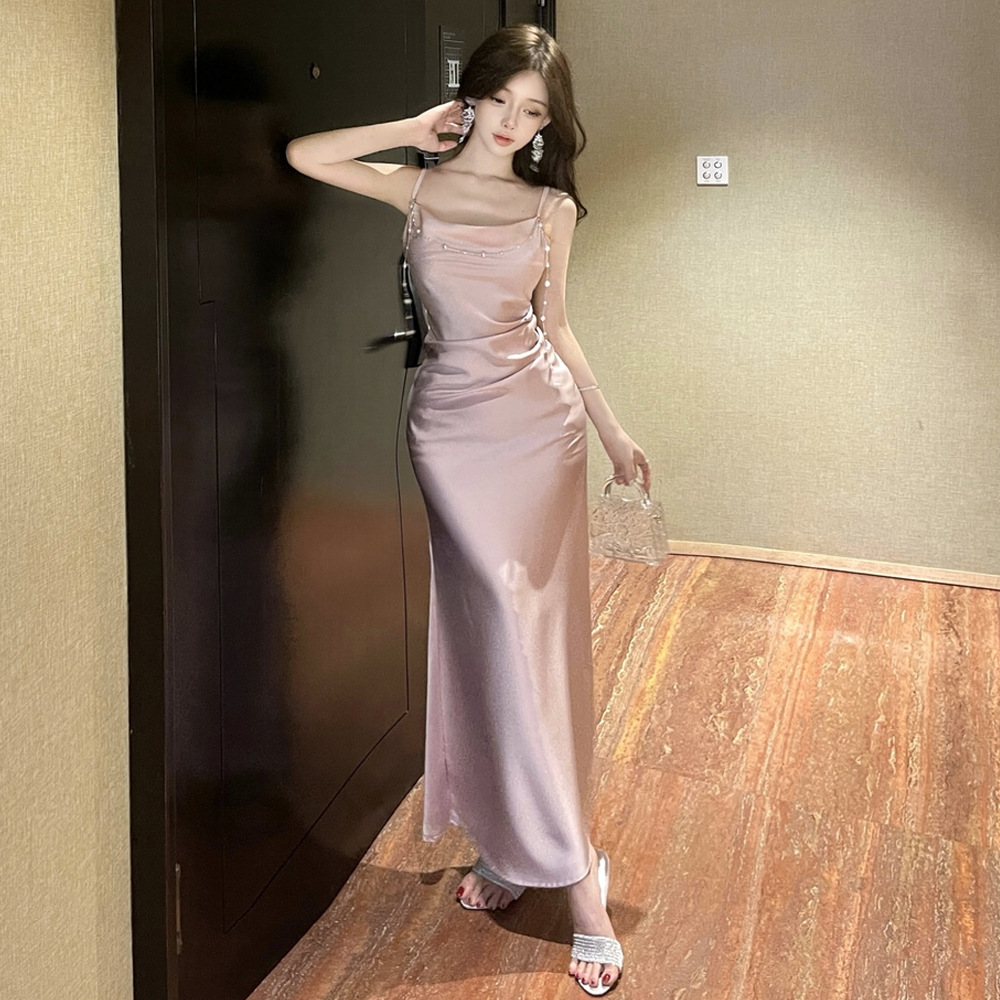 レース ワンピース パール飾り付き優美キャミロングワンピース