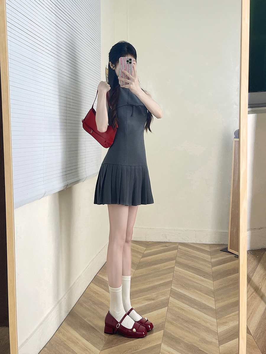 レース ワンピース リボン飾り プリーツ キャミワンピース