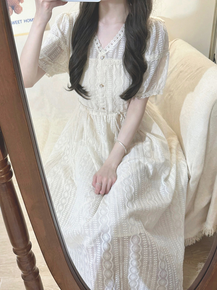 レース ワンピース 優美な透かし編みレースロングワンピース