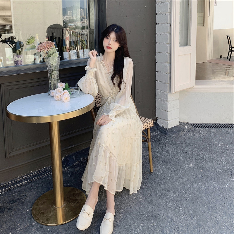 レース ワンピース 小花柄シフォン ロングワンピース フリル襟 フェミニン 透け感 きれいめ