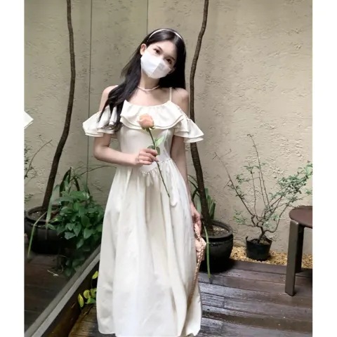 レース ワンピース 優美なフリルオフショルダーロングワンピース